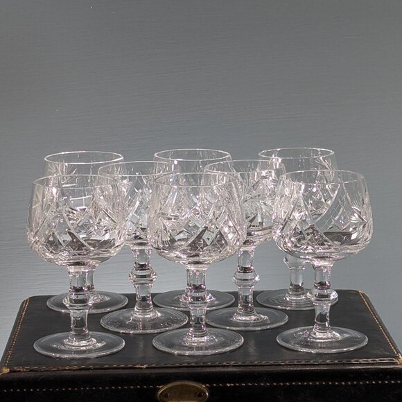 Set Of 8 Clear Pinwheel Crystal Wine Goblets, Bohemian European hand cut crystal - Picture 1 of 10